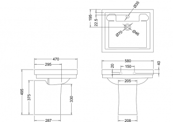 Contemporary 57.5cm basin and semi pedestal